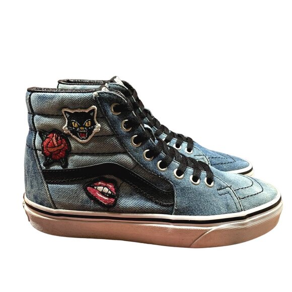 Vans Sneakers Womens Size 6 Blue Denim Acid Wash Patches High Top Skater Shoes - Picture 1 of 13